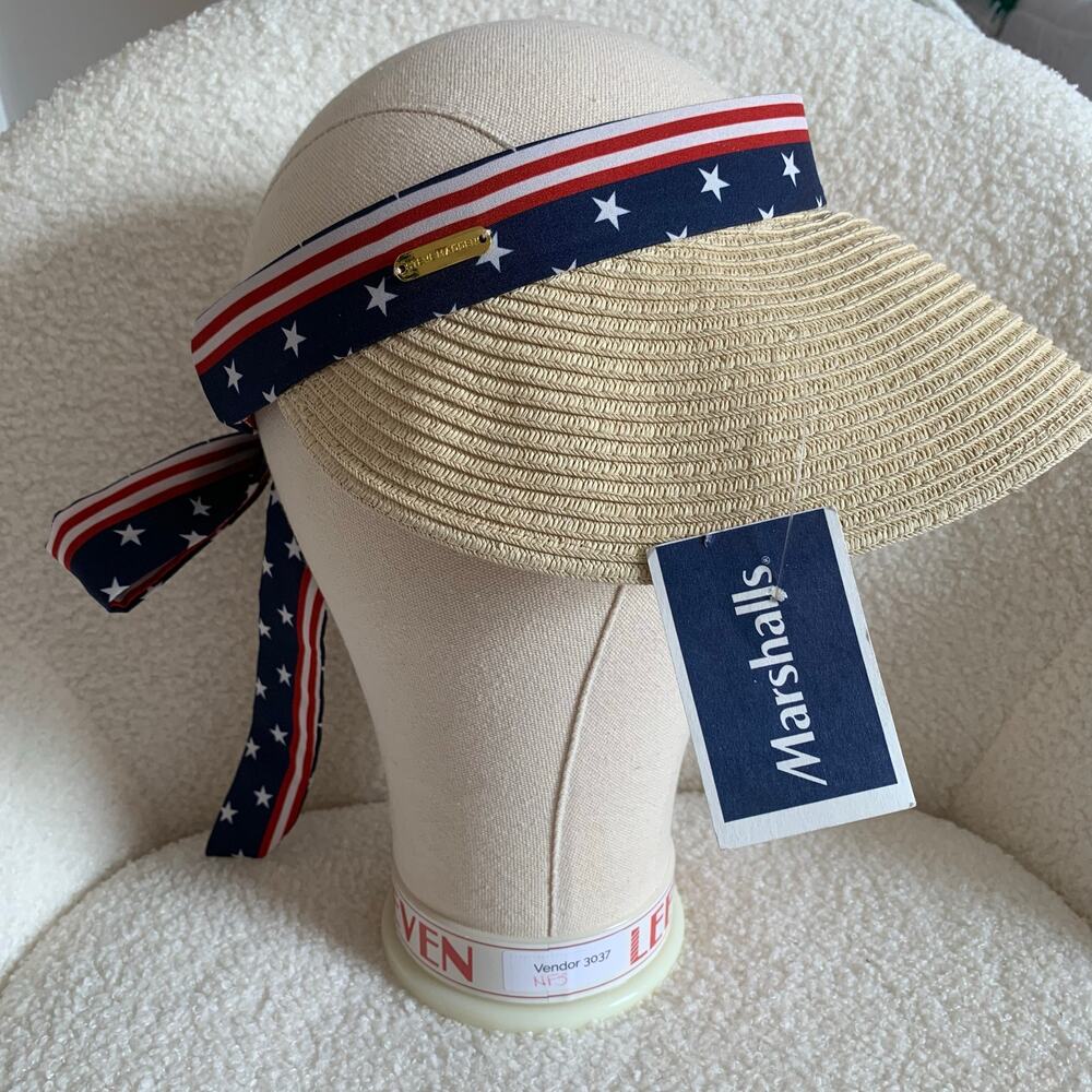 Steve Madden Straw Sun Visor Hat Americana Stars Stripes Tie Back One Size NWT